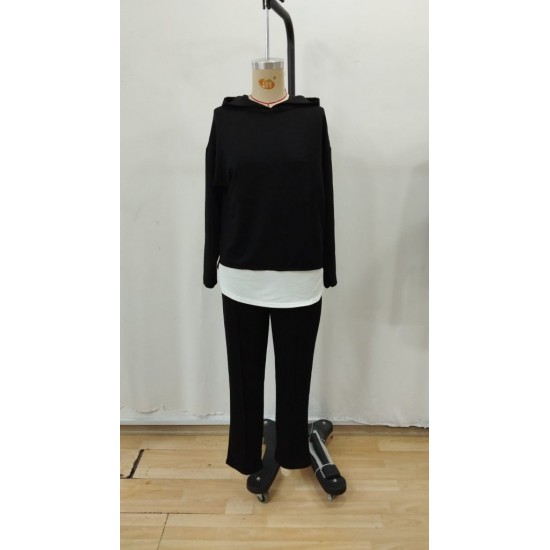 Kadın Uzun Kollu Kapşonlu Bağcıklı Viskon Iki Iplik Bluz Ve Pantolon Ikili Takım , 29952