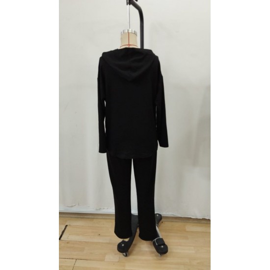 Kadın Uzun Kollu Kapşonlu Bağcıklı Viskon Iki Iplik Bluz Ve Pantolon Ikili Takım , 29952