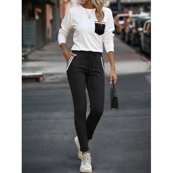 Kadın Uzun Kollu Bisiklet Yaka Cepli Viskon Iki Iplik Bluz Ve Pantolon Ikili Takım , 29966