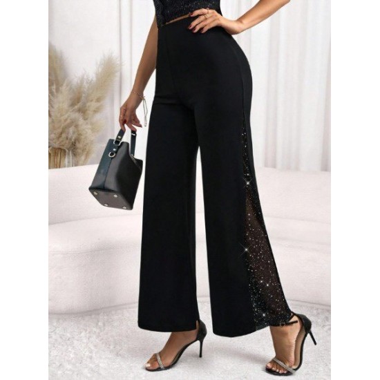 Kadın Yüksek Bel Yanlardan Tül Detaylı Ithal Krep Pantolon , 29964