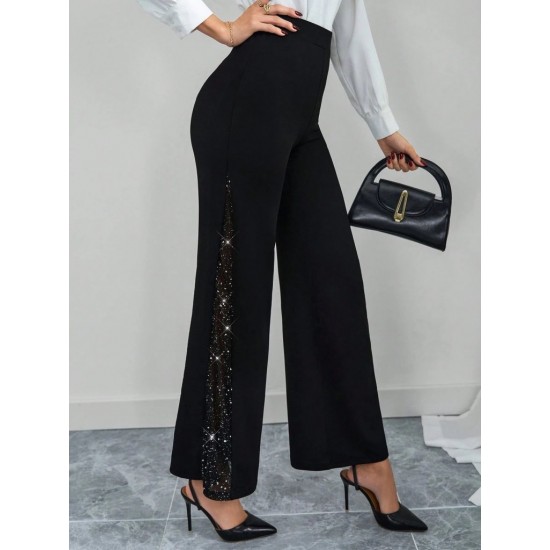 Kadın Yüksek Bel Yanlardan Tül Detaylı Ithal Krep Pantolon , 29964