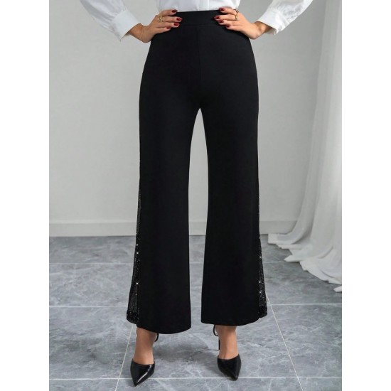 Kadın Yüksek Bel Yanlardan Tül Detaylı Ithal Krep Pantolon , 29964