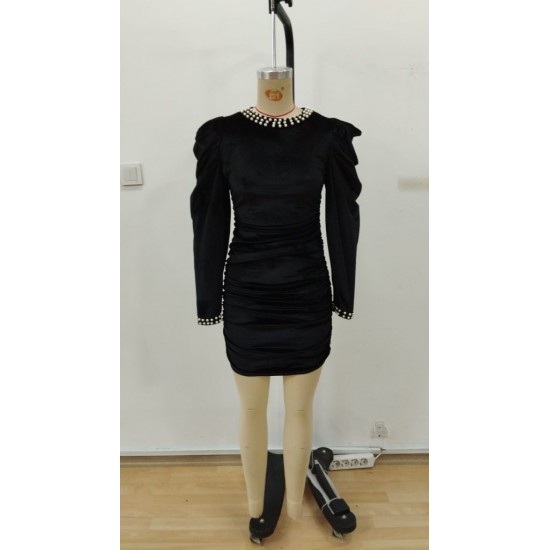 Kadın Uzun Kollu Incili Yakalı Kolları Büzgü Detaylı Mini Kadife Elbise , 29989