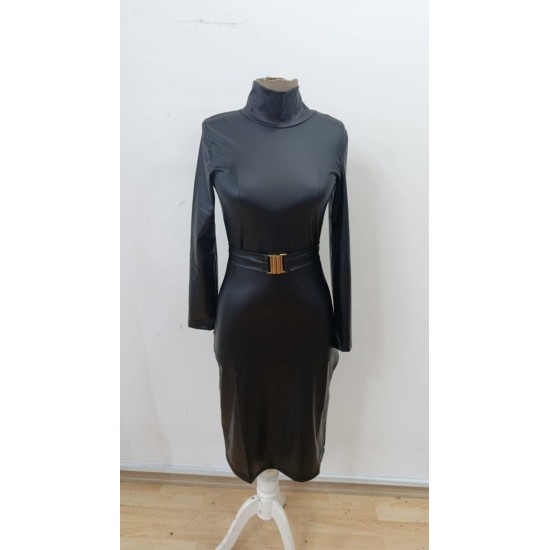 Kadın Uzun Kollu Balıkçı Yaka Kemerli Midi Sıvama Deri Elbise , 29995