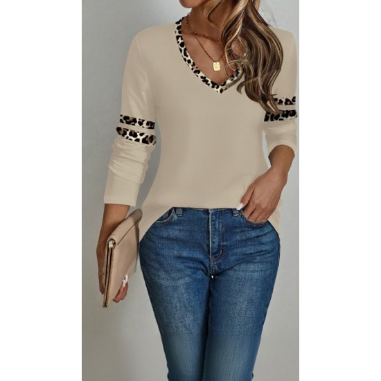 Kadın Uzun Kollu V Yakalı Leopar Desenli Viskon Iki Iplik Bluz , 29994