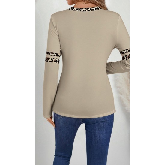 Kadın Uzun Kollu V Yakalı Leopar Desenli Viskon Iki Iplik Bluz , 29994