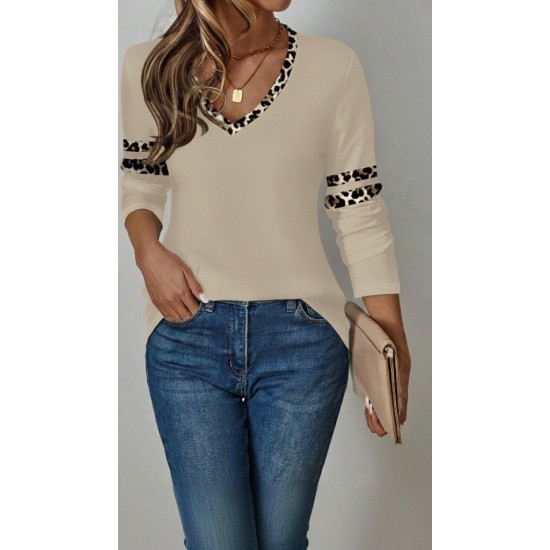 Kadın Uzun Kollu V Yakalı Leopar Desenli Viskon Iki Iplik Bluz , 29994