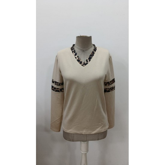 Kadın Uzun Kollu V Yakalı Leopar Desenli Viskon Iki Iplik Bluz , 29994