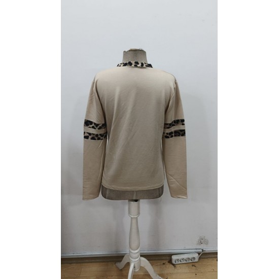 Kadın Uzun Kollu V Yakalı Leopar Desenli Viskon Iki Iplik Bluz , 29994