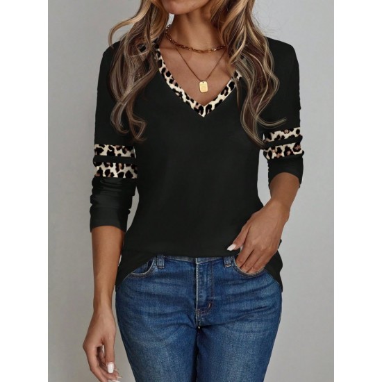 Kadın Uzun Kollu V Yakalı Leopar Desenli Viskon Iki Iplik Bluz , 29993