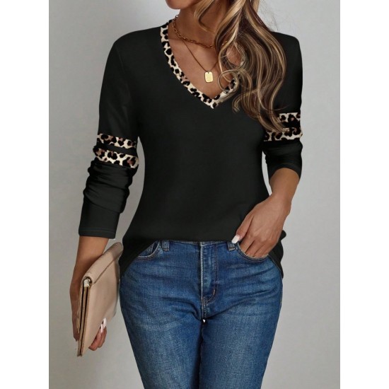 Kadın Uzun Kollu V Yakalı Leopar Desenli Viskon Iki Iplik Bluz , 29993