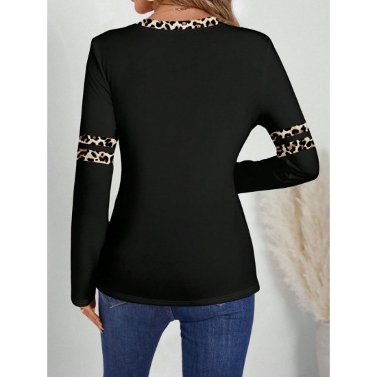 Kadın Uzun Kollu V Yakalı Leopar Desenli Viskon Iki Iplik Bluz , 29993