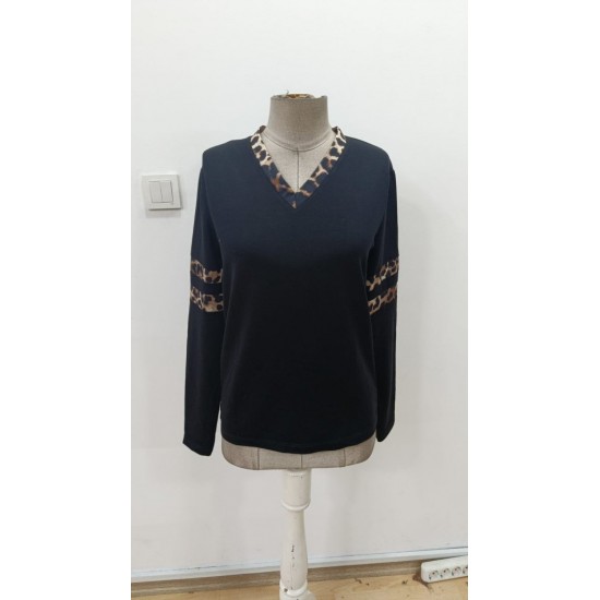 Kadın Uzun Kollu V Yakalı Leopar Desenli Viskon Iki Iplik Bluz , 29993