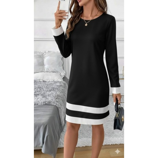 Kadın Uzun Kollu Yuvarlak Yaka Etek Ucu şerit Detaylı Mini Siyah Beyaz Dalgıç Elbise, 30007