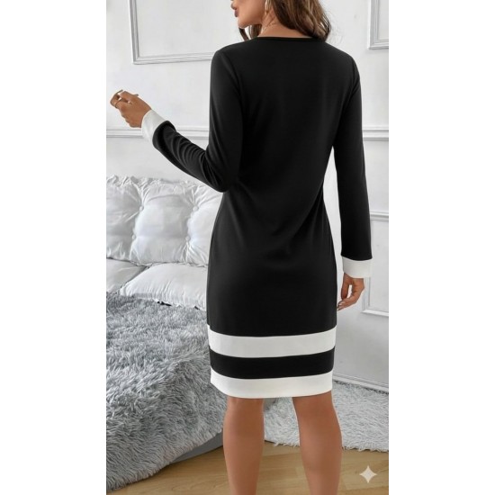 Kadın Uzun Kollu Yuvarlak Yaka Etek Ucu şerit Detaylı Mini Siyah Beyaz Dalgıç Elbise, 30007
