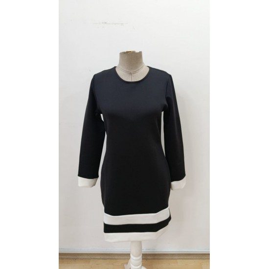 Kadın Uzun Kollu Yuvarlak Yaka Etek Ucu şerit Detaylı Mini Siyah Beyaz Dalgıç Elbise, 30007