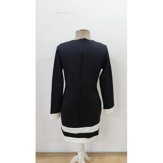 Kadın Uzun Kollu Yuvarlak Yaka Etek Ucu şerit Detaylı Mini Siyah Beyaz Dalgıç Elbise, 30007