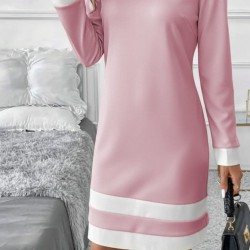 Kadın Uzun Kollu Yuvarlak Yaka Etek Ucu şerit Detaylı Mini Dalgıç Elbise , 30006