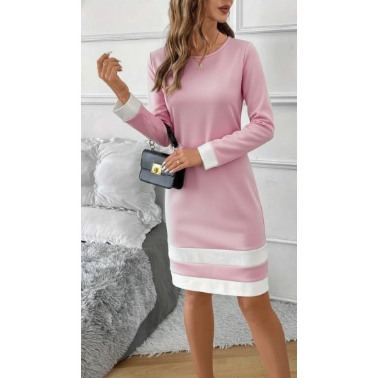 Kadın Uzun Kollu Yuvarlak Yaka Etek Ucu şerit Detaylı Mini Dalgıç Elbise , 30006