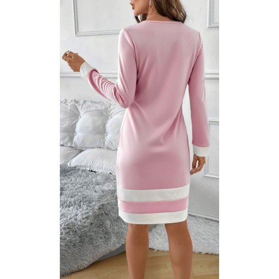 Kadın Uzun Kollu Yuvarlak Yaka Etek Ucu şerit Detaylı Mini Dalgıç Elbise , 30006