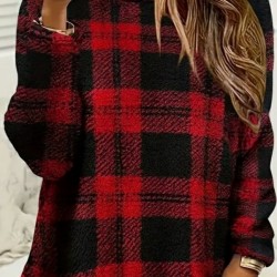 Kadın Uzun Kollu Yarı Balıkçı Yakalı Cep Detaylı Ekoseli Dokuma Tunik , 30020