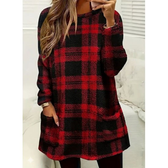 Kadın Uzun Kollu Yarı Balıkçı Yakalı Cep Detaylı Ekoseli Dokuma Tunik , 30020