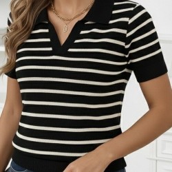 Kadın Kısa Kol Polo Yaka çizgi Desen Triko Bluz, 30027 Kadın Kısa Kol Polo Yaka çizgi Desen Triko Bluz, 30027