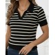 Kadın Kısa Kol Polo Yaka çizgi Desen Triko Bluz, 30027
