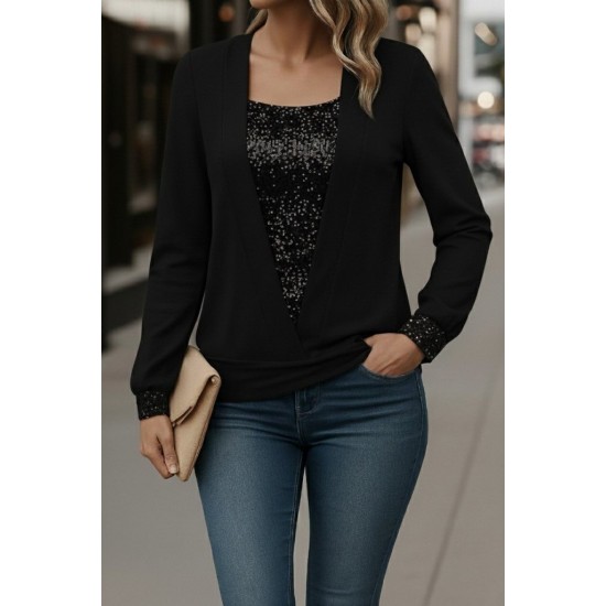 Kadın Uzun Kollu V Yakalı Içi Süprem Desenli Dışı Viskon Bluz , 30021