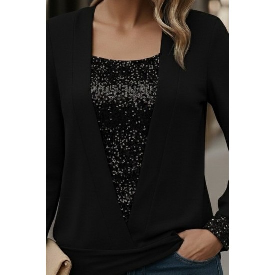 Kadın Uzun Kollu V Yakalı Içi Süprem Desenli Dışı Viskon Bluz , 30021