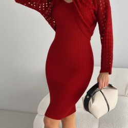 Kadın Uzun Kollu Delikli Kazak Askılı Elbise Triko Ikili Takım, 30028 Kadın Uzun Kollu Delikli Kazak Askılı Elbise Triko Ikili Takım, 30028