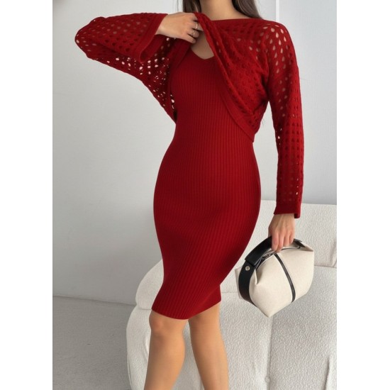 Kadın Uzun Kollu Delikli Kazak Askılı Elbise Triko Ikili Takım, 30028