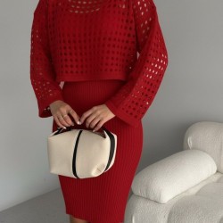 Kadın Uzun Kollu Delikli Kazak Askılı Elbise Triko Ikili Takım, 30028 Kadın Uzun Kollu Delikli Kazak Askılı Elbise Triko Ikili Takım, 30028