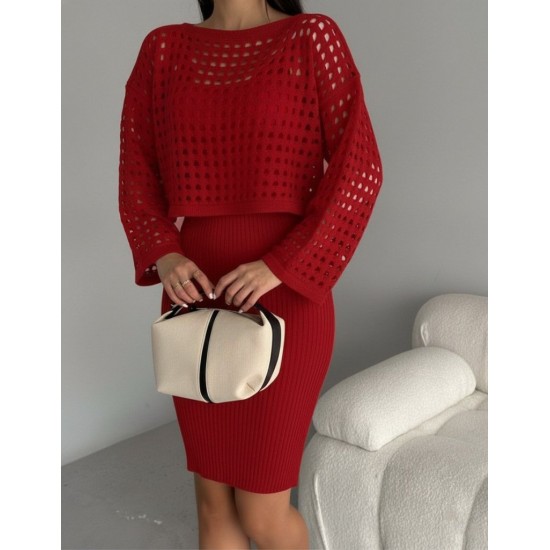 Kadın Uzun Kollu Delikli Kazak Askılı Elbise Triko Ikili Takım, 30028