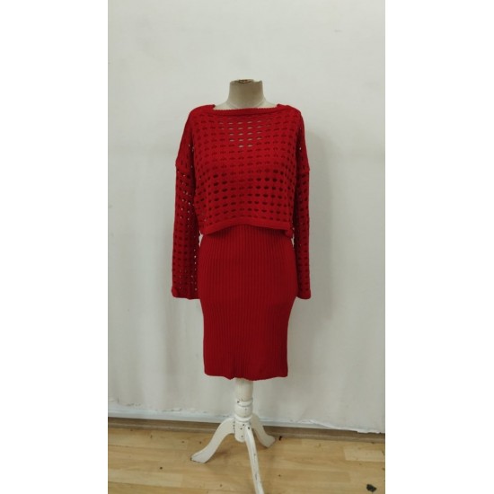 Kadın Uzun Kollu Delikli Kazak Askılı Elbise Triko Ikili Takım, 30028