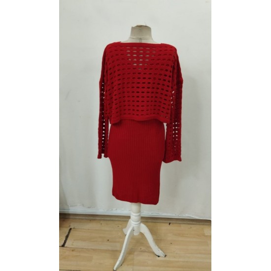 Kadın Uzun Kollu Delikli Kazak Askılı Elbise Triko Ikili Takım, 30028