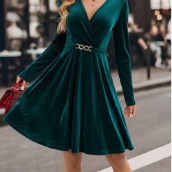 Kadın Uzun Kollu Kruvaze Yakalı Toka Detaylı Mini Kadife Elbise, 30037 Kadın Uzun Kollu Kruvaze Yakalı Toka Detaylı Mini Kadife Elbise, 30037