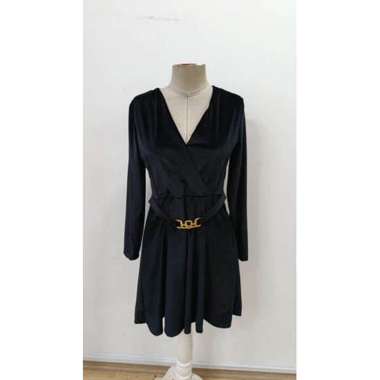 Kadın Uzun Kollu Kruvaze Yakalı Toka Detaylı Mini Kadife Elbise , 30036