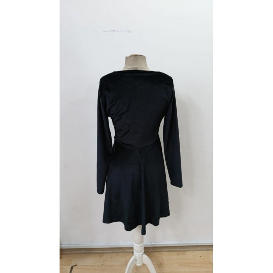 Kadın Uzun Kollu Kruvaze Yakalı Toka Detaylı Mini Kadife Elbise , 30036