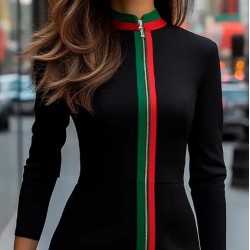 Kadın Uzun Kollu önden Tam Boy Fermuarlı Renkli şerit Detaylı Viskon Iki Iplik Mini Elbise , 30038 Kadın Uzun Kollu önden Tam Boy Fermuarlı Renkli şerit Detaylı Viskon Iki Iplik Mini Elbise , 30038