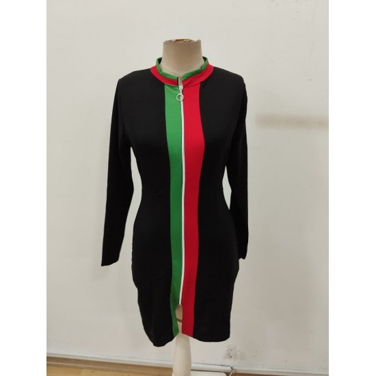 Kadın Uzun Kollu önden Tam Boy Fermuarlı Renkli şerit Detaylı Viskon Iki Iplik Mini Elbise , 30038