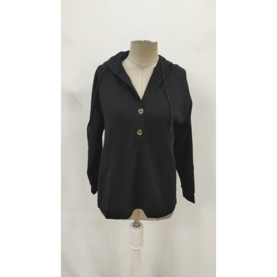 Kadın Uzun Kollu Kapşonlu önü Düğmeli Ve Bağcıklı Waffle Bluz , 30032