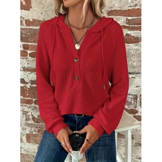 Kadın Uzun Kollu Kapşonlu önü Düğmeli Ve Bağcıklı Waffle Bluz , 30030