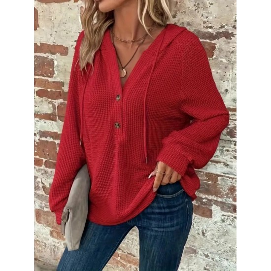 Kadın Uzun Kollu Kapşonlu önü Düğmeli Ve Bağcıklı Waffle Bluz , 30030