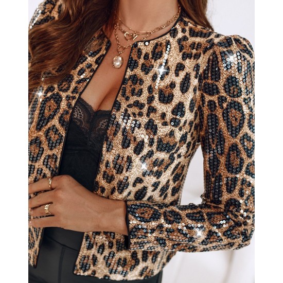 Kadın Uzun Kollu önü Açık Pulpayet Detaylı Leopar Desenli Kısa Ceket , 30042