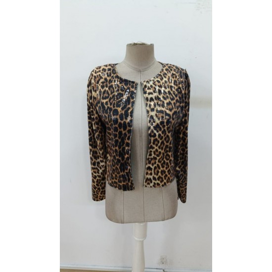 Kadın Uzun Kollu önü Açık Pulpayet Detaylı Leopar Desenli Kısa Ceket , 30042