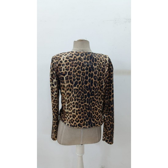 Kadın Uzun Kollu önü Açık Pulpayet Detaylı Leopar Desenli Kısa Ceket , 30042