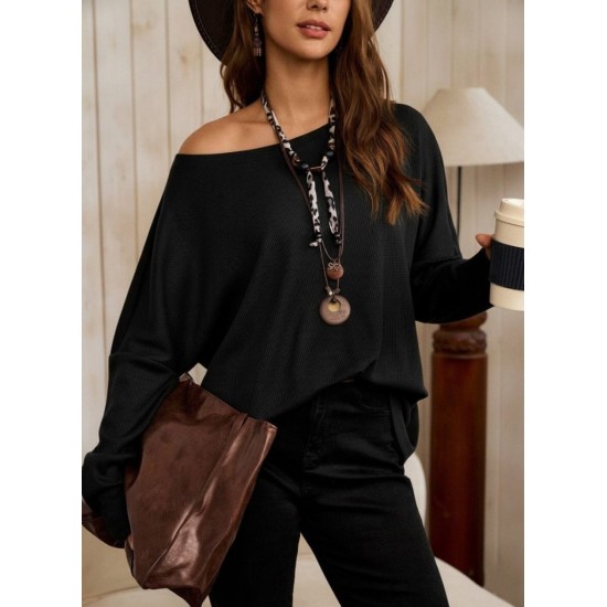 Kadın Tek Omuzdan Açık Yarasa Kollu Waffle Bluz , 30040