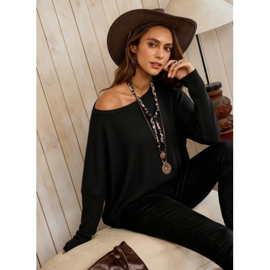 Kadın Tek Omuzdan Açık Yarasa Kollu Waffle Bluz , 30040