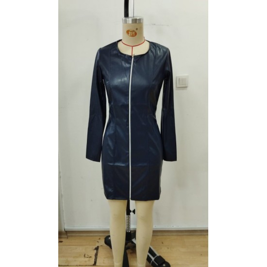 Kadın Uzun Kollu önü Fermuarlı Mini Deri Elbise , 30054